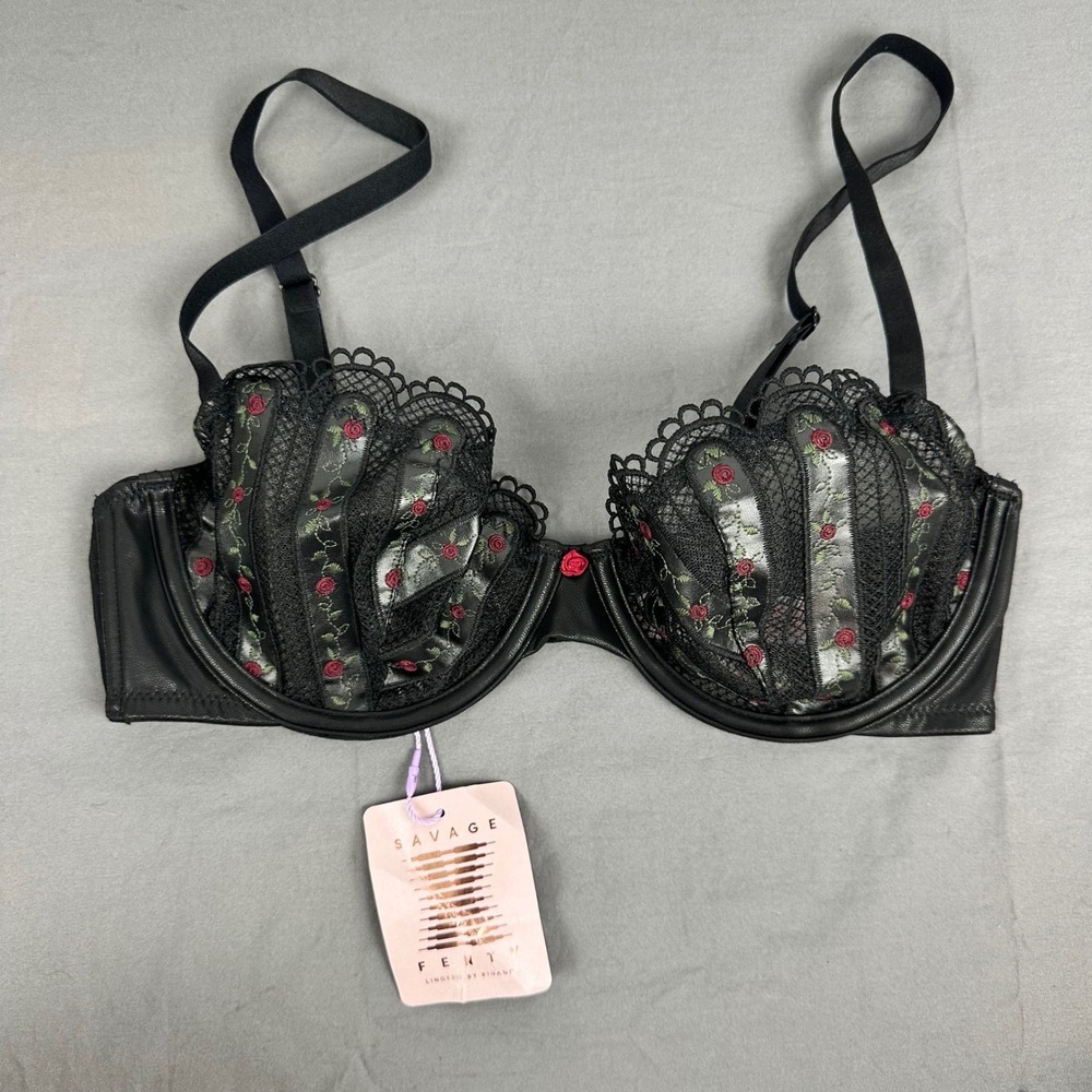 Savage X Fenty Renaissance Rose Unlined Demi Bra Black Caviar Leather 34D NWT
